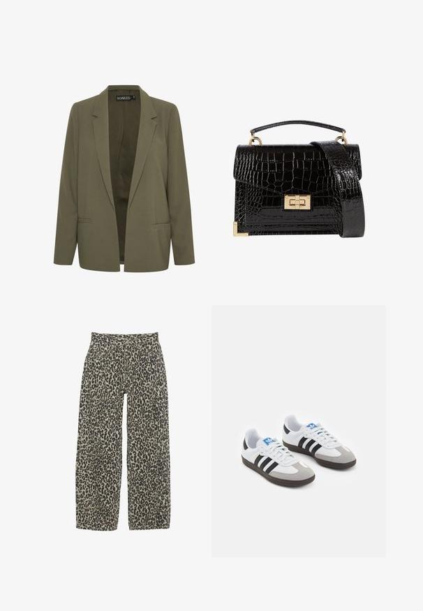 Oliwkowa marynarka z klapkami, dwoma przednimi kieszeniami i otwartym przodem. Wykonana z gładkiej tkaniny o dopasowanym kroju.; Czarna bawełniana tkanina o gładkiej teksturze i okrągłym dekolcie, z delikatnym, równomiernym wzorem włókna. Brak widocznych logo lub akcentów.; Spodnie w panterkę o szerokich nogawkach w neutralnej palecie beżu i czerni. Posiadają wysoką talię, pięć kieszeni oraz zapięcie na guzik.; Buty sportowe z białą skórzaną cholewką, szarym zamszowym noskiem i trzema czarnymi paskami. Posiadają niebieskie logo na języku oraz teksturowaną gumową podeszwę.; Czarna torebka na ramię z lakierowanej skóry licowej o fakturze krokodyla, ze złotymi akcesoriami, górną rączką oraz odczepianym paskiem na ramię. Prostokątny kształt z klapką.
