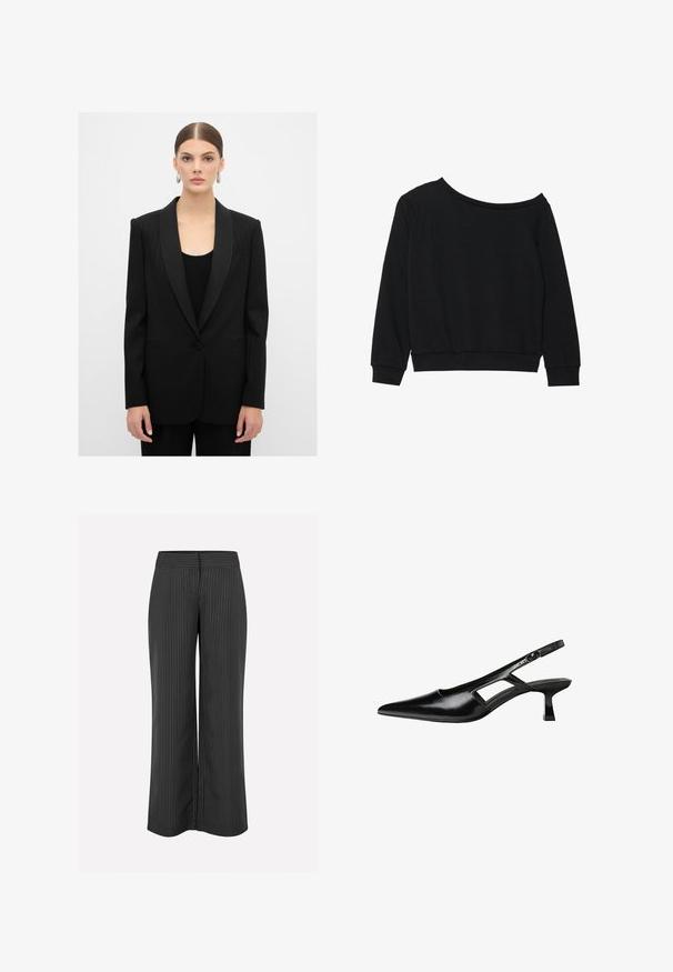 Czarna marynarka w prążki z satynowym klapem, z pojedynczym zapięciem na guzik i dwoma przednimi kieszeniami, noszona na czarnej bluzce o prążkowanej fakturze.; Czarna bluza typu off-shoulder z długimi rękawami, ściągaczami u dołu i w talii, uszyta z miękkiego, lekkiego materiału. Prosty, nieozdobiony design.; Czarne spodnie o szerokich nogawkach w białe paski, z gładkim pasem w talii i luźnym krojem dla wygody, wykonane z lekkiego materiału.; Czarne lakierowane czółenka na odkrytej pięcie z wąskim noskiem, z wykrojem po bokach i małym kwadratowym obcasem. Gładka faktura z minimalnymi akcentami.