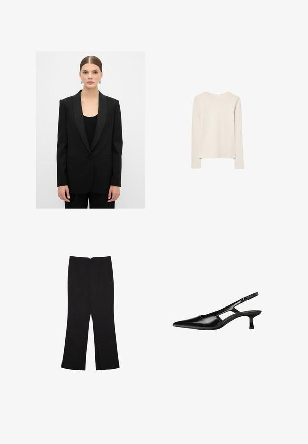Černý blazer s pruhy a saténovým límcem, na jedno knoflíkové zapínání, s dvěma předními kapsami, nošený přes černé žebrované tričko.; Světle béžové tričko s dlouhým rukávem z měkké tkaniny, s kulatým výstřihem a uvolněným střihem s rovnými lemy a minimálními švy.; Černé kalhoty s rovným střihem, s předními kapsami a bočními rozparky na lemu. Vyrobené z jemné, hladké tkaniny. Vhodné na různé příležitosti.; Černé lakované lodičky na podpatku se špičatou špičkou, výřezovým designem na boku a malým čtvercovým podpatkem. Hladká textura s minimálními akcenty.