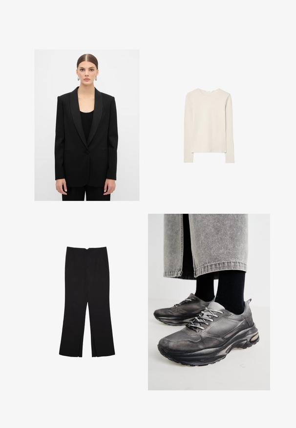 Mustavalkoinen raidallinen bleiseri, jossa on satiinikaulukset, yksi napitus ja kaksi etutaskua, päällä musta ribattu paita.; Vaaleanbeige pitkähihaisen puseron pehmeä kangas, pyöreä kaula-aukko, rento istuvuus, suora helma ja minimaalista ompeluyksityiskohtaa.; Mustat housut suoralinjaisella leikkauksella, joissa on etutaskut ja sivurei'ät helman alla. Valmistettu pehmeästä ja sileästä kankaasta. Sopii eri tilaisuuksiin.; Musta ja harmaa urheilukengät sisältävät verkkomateriaalista valmistetun päällisen, paksut pohjat ja nauhat. Kenkien kärki on pyöristetty ja niissä on näkyvää pehmustusta.