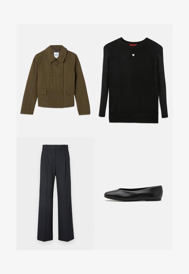 Giacca marrone doppiopetto con ampio colletto, dotata di due tasche frontali e una texture liscia; etichetta visibile all'interno.; Maglione nero lavorato a maglia con maniche lunghe, scollo a girocollo e un piccolo cuore bianco sul petto. Tessuto morbido con polsini e orlo a coste.; Pantaloni a righe blu scuro con vita alta, design a gamba larga e senza hardware o decorazioni visibili. Tessuto liscio e vestibilità sartoriale.; Paul Smith TOPANGA - Ballerine - black