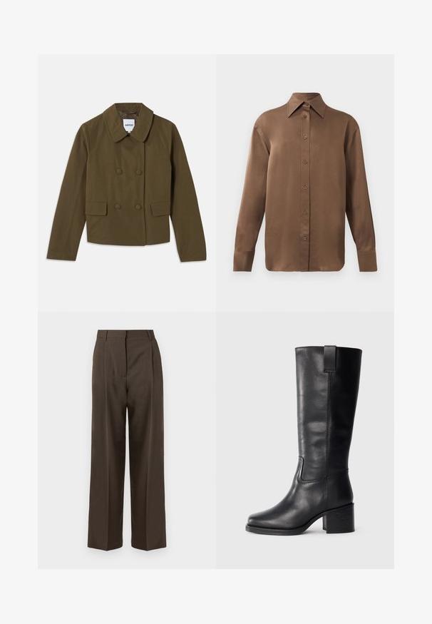 Veste marron à double boutonnage avec un large col, comportant deux poches frontales et une texture lisse ; étiquette visible à l'intérieur.; Chemise marron à manches longues avec un col et des poignets pointus, présentée sur un fond blanc uni.; Pantalons larges marron avec une texture lisse, dotés d'une taille haute, de plis avant et d'un design ajusté. Pas de poches visibles ni d'ornements.; Bottes en cuir noir montantes, avec une texture lisse, un nez carré, un talon bloc et une languette sur le côté, présentant des coutures minimales.