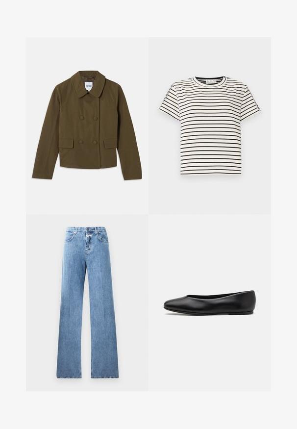 Brown double-breasted jacket with a wide collar, featuring two front pockets and a smooth texture; label visible inside.; Cotton short-sleeve T-shirt with a crew neckline, featuring black vertical stripes on a white background and a straight cut design.; Light blue denim jeans with a wide-leg design, five pockets, belt loops, and a button closure. The fabric has a smooth texture.; Paul Smith TOPANGA - Ballet pumps - black