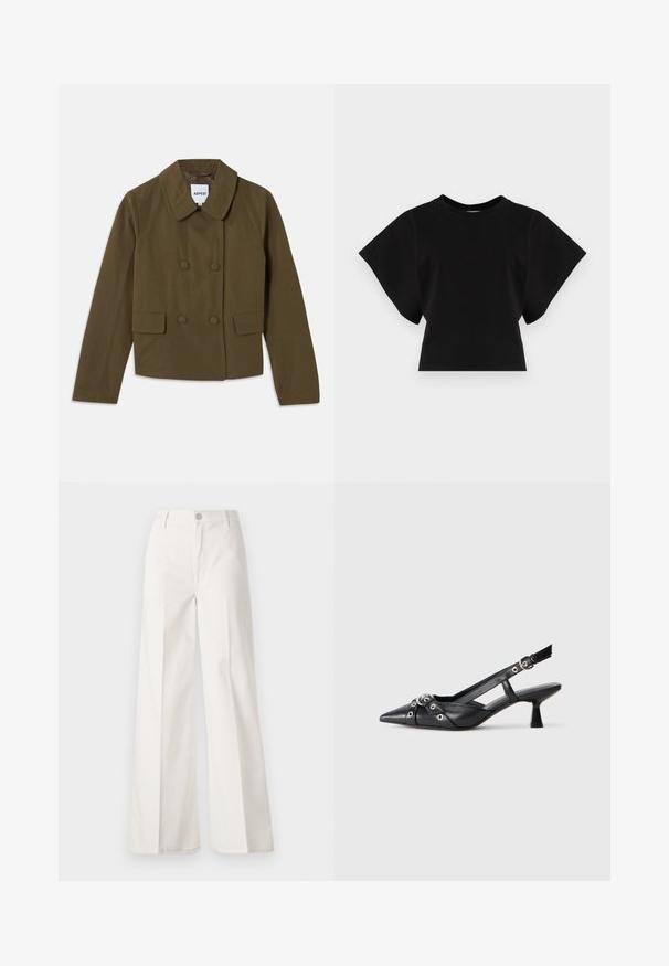 Brown double-breasted jacket with a wide collar, featuring two front pockets and a smooth texture; label visible inside.; Black cropped t-shirt made of cotton, featuring short, wide sleeves and a round neckline with a smooth texture and minimalist design.; White wide-leg trousers made from cotton with a smooth texture. Features a front button, zipper fly, and four-pocket design.; Black leather slingback shoe with a pointed toe, decorative straps featuring metal eyelets, and a low block heel. Textured surface.