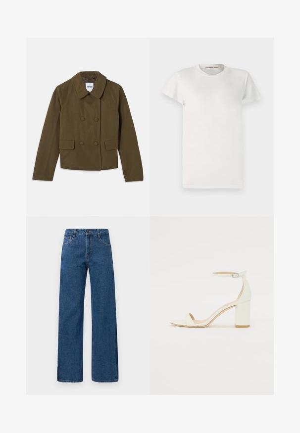 Veste marron à double boutonnage avec un large col, comportant deux poches frontales et une texture lisse ; étiquette visible à l'intérieur.; T-shirt blanc à manches courtes en coton avec un col rond et une coupe simple. Les étiquettes affichent "DESIGNERS REMIX" à l'intérieur du col.; Jean large taille haute bleu avec poches avant et arrière, fermeture par bouton et couture visible sur un fond blanc.; Sandale à talon bloc en cuir blanc avec une bride de cheville à boucle et un design minimaliste. Bout ouvert et textures lisses sur l'ensemble.