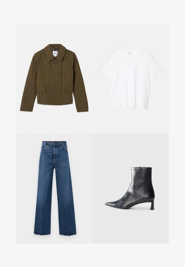 Bruine dubbelgebreide jas met een brede kraag, voorzien van twee frontritsen en een gladde textuur; label zichtbaar aan de binnenkant.; Witte katoenen t-shirt met korte mouwen, ronde halslijn, comfortabele pasvorm en gestikte zoom. Etiket zichtbaar aan de binnenzijde van de hals.; Wijd-uitlopende blauwe jeans van denim met een hoge taille, voorzakken en contrasterende stiksels. De stof heeft een zachte textuur.; Zwarte leren enkellaars met een spitse neus en een slank ontwerp. Heeft een lage hak en een ritssluiting aan de achterkant. Gladde textuur.