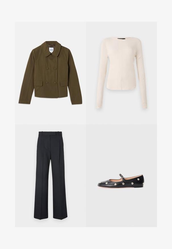 Chaqueta marrón de doble botonadura con un amplio cuello, que presenta dos bolsillos frontales y una textura suave; etiqueta visible en el interior.; Top de manga larga, color beige claro, con cuello redondo. Fabricado en un tejido suave, presenta una costura central y un dobladillo ligeramente curvado. Sin herrajes visibles.; Pantalones oscuros de rayas con un diseño de cintura alta y pierna ancha, sin hardware o adornos visibles. Textura suave y ajuste entallado.; Zapato plano tipo Mary Jane de cuero negro con punta redonda, adornado con tachuelas circulares plateadas y una correa ajustable con hebilla.