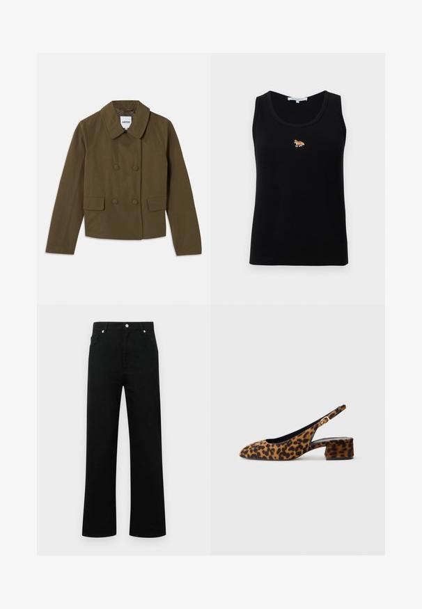 Barna, dupla soros zakó széles gallérral, két elülső zsebbel és sima textúrával; címke látható belül.; Fekete ujjatlan bordázott trikó, középen egy kis hímzett narancssárga róka logóval a mellkason.; Fekete farmernadrág magas derekú, egyenes szabású, két elülső zsebbel, gombos záródással és minimalista dizájnnal.; Női leopárdmintás, csak hátsó pánttal rendelkező cipő, alacsony tömbsarkúval és arany csattal az oldalpánton, oldalsó profilban látható, sima háttéren.