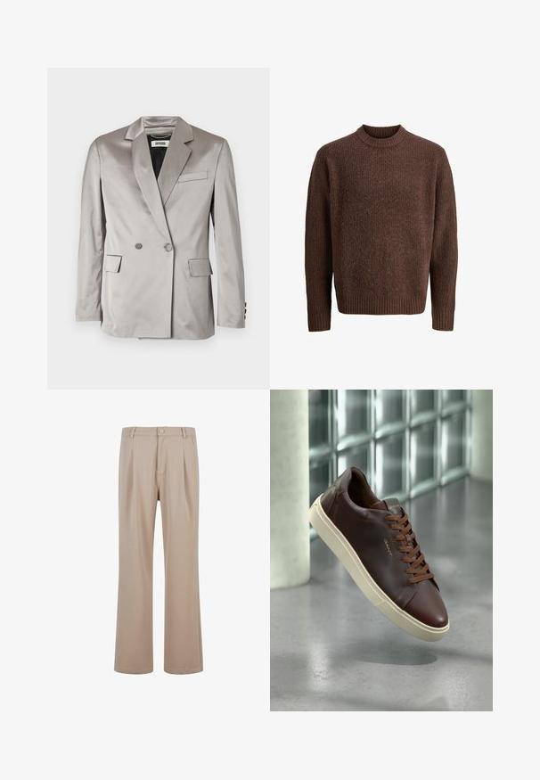 Szary, satynowy żakiet dwurzędowy z klapami, przednimi kieszeniami i guzikami przy mankietach. Gładka faktura, dopasowany krój i minimalistyczny design.; Brązowy sweter dzianinowy z teksturowanym wzorem, z dzianinowym okrągłym dekoltem i długimi rękawami. Wykonany z miękkiego, ciepłego materiału.; Beżowe spodnie plisowane wykonane z gładkiego materiału, ze prostymi nogawkami, z zapięciem na guzik i subtelnymi detalami w szwie.; Brązowe skórzane trampki z zaokrąglonym noskiem, brązowymi sznurówkami i beżową gumową podeszwą. Posiadają minimalne logo z boku.