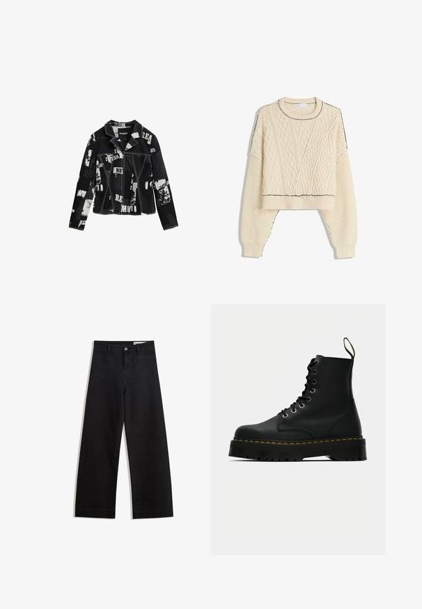 Schwarze Denimjacke mit einem Mischmediumdruck, der weiße Texte und Bilder zeigt, mit Notch-Kragen, zwei Brusttaschen und kontrastierenden Nähten.; Cremfarbener Strickpullover mit Kabelmuster, cropped Design, gerippten Bündchen und einem kontrastierenden schwarzen Rand am Ausschnitt und Saum.; Schwarze weit geschnittene Jeans mit hoher Taille, ausgestattet mit Vorder- und Hintertaschen, gesteppten Nähten und einem Knopfverschluss. Glatte Textur.; Schwarze Leder-Schnürstiefeletten mit einer dicken, strukturierten Gummisohle und gelben Steppnähten um die Plattform.