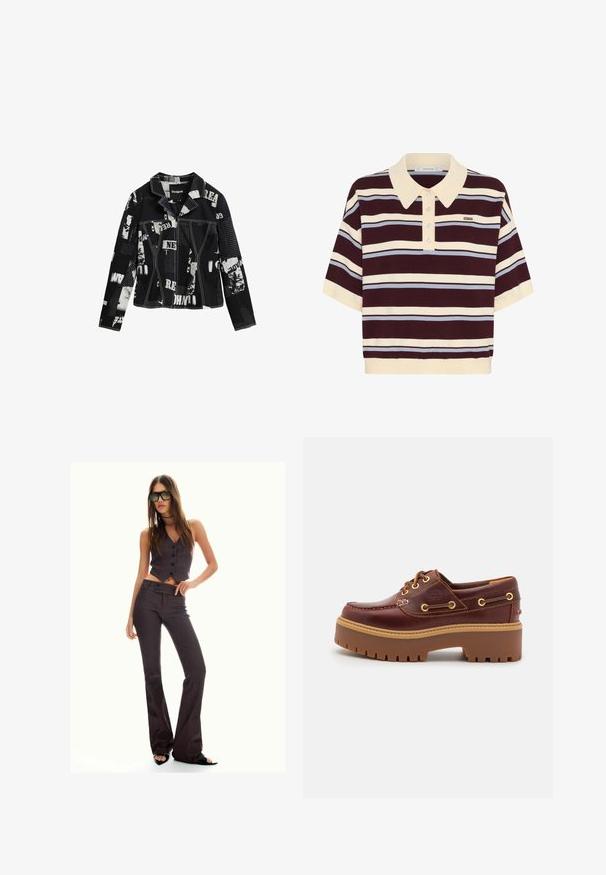Sort denimjakke med blandet medieprint, hvide tekster og billeder, skrå krave, to brystlommer og kontrastsyninger.; Kortærmet polo-shirt i mørkerød og creme striber med lyseblå accenter, der har krave og knaplukning. Blødt strikket stof.; Brun stribet cropped vest og flagrende bukser med knapper og et tekstureret stof. Sorte åbentåede sko og overdimensionerede solbriller.; Brune læder bådsko med en kraftig brun gummisål, gyldne snørehuller og kontraststing. Har et logo på siden.