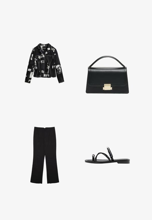 Czarna kurtka dżinsowa z nadrukiem mieszanych mediów, z białym tekstem i obrazkami, z zaokrąglonym kołnierzem, dwoma kieszeniami na piersi oraz kontrastowymi szwami.; Czarny bezrękawnik wykonany z gładkiego materiału, z okrągłym dekoltem i dopasowanym fasonem, bez widocznych wzorów czy ozdób.; Czarne spodnie o prostym kroju, z przednimi kieszeniami i bocznymi rozcięciami na dole. Wykonane z miękkiego, gładkiego materiału. Odpowiednie na różne okazje.; Czarne płaskie sandały o błyszczącym wykończeniu, z trzema cienkimi paskami i okrąłym detalem metalowym na palcach. Smukły design z minimalnym obcasem.; Czarna skórzana torebka o zorganizowanej konstrukcji, z górną rączką i złotym metalowym zapięciem z przodu. Gładka faktura, minimalne przeszycia.