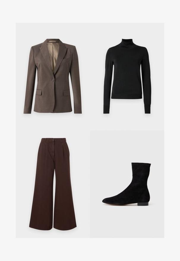 Jednopáskový tmavo-hnedý sako s klopami, so záhybnými vreckami a prsným vreckom, zobrazené na jednofarebnom bielom pozadí.; Čierny dlhý rukáv rolák s rebrovanými manžetami a lemom, zobrazený na čistej bielej pozadí.; Hnedé nohavice so širokými nohavicami a vysokým pásom, so zapínaním na gombík a zips, pútkami na opasok a prednými skladmi.; Čierne semišové členkové topánky s priliehavým zvrškom, špicatou špičkou a nízkym blokovým opätkom. Hladká textúra a minimalistický dizajn, vhodné na všestranné kombinovanie.