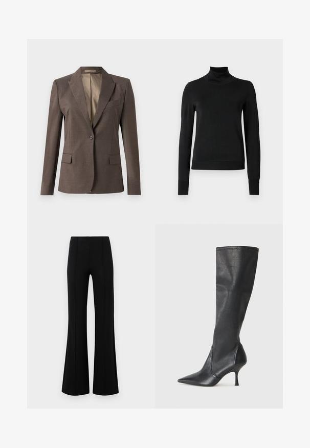 Single-button dark brown tailored blazer with notched lapels, flap pockets, and chest welt pocket, shown on a plain white background.; Black long-sleeve turtleneck sweater with ribbed cuffs and hem, displayed on a plain white background.; Black flared pants with a high waist, made of stretchy fabric. Features vertical seam details on the front and a smooth texture.; Knee-high black leather boots with a pointed toe and a slim stiletto heel. Smooth texture with a fitted design and stitching at the top edge.