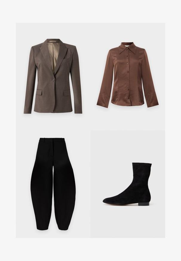 Blazer su misura marrone scuro con un solo bottone, colletto a lobo, tasche a pattina e taschino sul petto, presentato su uno sfondo bianco.; Camicia in satin marrone con colletto classico, maniche lunghe e chiusura a bottoni frontale. Caratterizzata da una superficie liscia e una vestibilità su misura.; Pantaloni neri a gamba larga con vita alta, fronte plissettato e caviglie affusolate. Realizzati in tessuto liscio con finitura opaca.; Stivale alla caviglia in suede nero con gambale aderente, punta affusolata e tacco a blocco basso. Texture liscia e design minimalista, adatto per uno stile versatile.