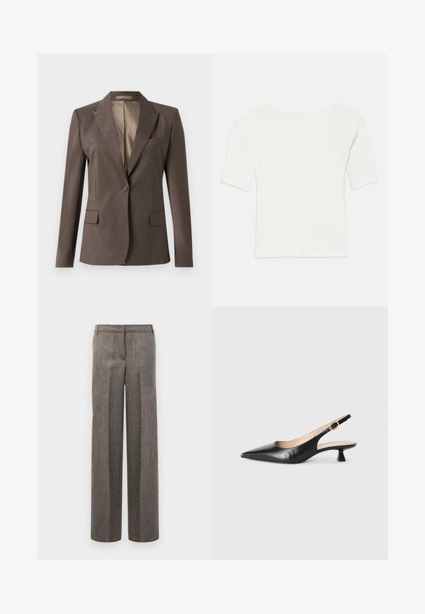 Blazer ajusté marron foncé à bouton unique avec revers, poches à rabat et poche poitrine, présenté sur fond blanc uni.; Haut blanc à col large et à manches courtes avec une texture côtelée. Les rayures verticales mettent en valeur une coupe ajustée et un design simple.; Pantalons gris à motif avec une coupe taillée, jambes larges et texture lisse, présentant un devant plat et des passants de ceinture.; Chaussure à talon kitten en cuir noir, à lanière arrière, avec un bout pointu et une boucle dorée sur la sangle latérale, sur fond blanc.
