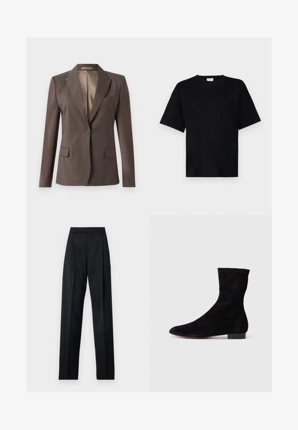Tamsiai ruda vieno mygtuko pritaikyta švarkas su notch apykakle, kišenėmis su atvartais ir krūtinės kišenėle, pristatytas ant švarių baltų fono.; Juodas trumpas rankovės marškinėliai laisvu siluetu, pagaminti iš minkštos medžiagos, su apvalia iškirpte ir be ryškių raštų ar akcentų.; Juodos kelnės iš lygaus audinio, pasižyminčios aukštu liemeniu, plačiomis kojomis, priekinėmis klostėmis ir klasikiais diržo kilpomis. Šoninių kišenių nematyti.; Juoda zomšo kulkšnė su prigludusia ašimi, smailiu pirštu ir žemu bloku. Lygus paviršius ir minimalistiškas dizainas, tinkantis įvairiems stiliams.