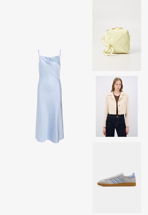 Lyhyt kerma jacketki, jossa on teksturoitu kangas, kärjen kaulus, kolme nappia ja etutasku, yhdistettynä tummiin farkkuihin ja ruskeaan puseroon.; Vaaleansininen satiininen liukukilpimekko, jossa on ohut olkaimet, sileä rakenne ja hieman levenevä helma. Yksinkertainen muotoilu ilman näkyviä kuvioita tai koristeita.; Harmaa nubuk-nilkkkenkä, jossa on vaaleansinisiä raitoja, kuminen pohja ja logo-koristelu. Matalaprofiilinen muotoilu, pyöreä kärki ja nauhakiinnitys.; Keltainen kudottu käsilaukku neliömäisellä muotoilulla, jossa on sileä pinta, koristeellinen solmittu hihna ja kultainen metalliosuus.