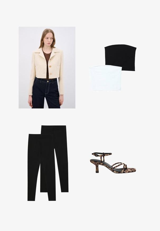 Giacca crema cropped in tessuto texturizzato con colletto a rever, tre bottoni e tasca frontale, abbinata a jeans scuri e una maglietta marrone.; Due sciarpe a tubo senza soluzione di continuità: una nera e una bianca. Entrambe sono realizzate in tessuto morbido e elastico e presentano una texture liscia senza motivi.; Leggings neri realizzati in tessuto elastico, con una vita senza cuciture e un design slim fit, adatti per l'abbigliamento casual o per l'esercizio.; Sandali con tacco in stampa leopardata, con punta quadrata, multiple cinghie e un tacco di altezza media. Realizzati in morbido materiale tessile.