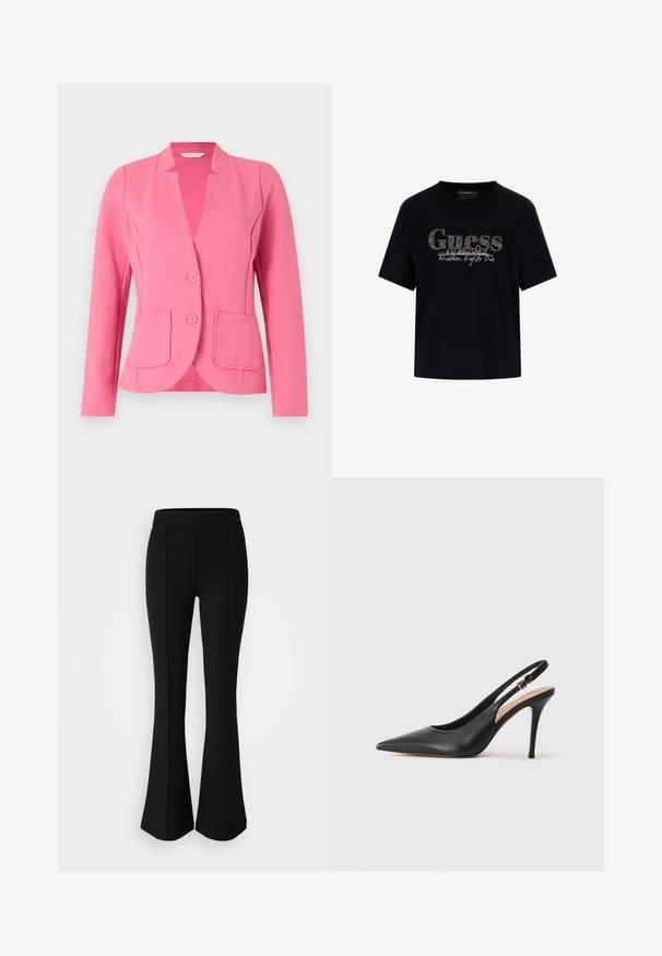 Blazer rosa hecho de tela texturizada con cuello de muesca, dos bolsillos frontales y dos botones. Diseño ajustado con mangas largas.; Camiseta de algodón negra con cuello redondo y mangas cortas. Presenta un logo brillante de "Guess" y el texto "Establecido mil novecientos ochenta y uno".; Pantalones de campana negros hechos de un material elástico con una textura suave, que presentan detalles de costura en la parte frontal para un diseño adicional.; Zapato de tacón alto de piel negra con tirante trasero, punta afilada, textura suave y una delicada correa con una hebilla metálica.