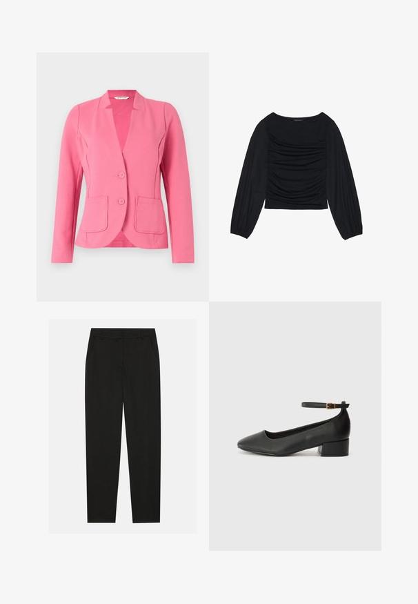 Rosa Blazer aus strukturiertem Stoff mit Reverskragen, zwei vorderen Taschen und zwei Knöpfen. Taillierte Passform mit langen Ärmeln.; Schwarzes Langarmoberteil mit gerafftem Stoffdetail an der Vorderseite und an den Handgelenken, aus weichem, elastischem Material mit einem U-Boot-Ausschnitt.; Schwarze Hosen mit taillierter Passform, ausgestattet mit seitlichen Taschen und geradem Bein. Hergestellt aus glattem, leichtem Stoff mit einem eleganten Finish.; Schwarze Lederpumps mit spitzem Zehenbereich und niedrigem Blockabsatz. Mit einem Knöchelriemen und einer goldfarbenen Schnalle. Glatte Textur.