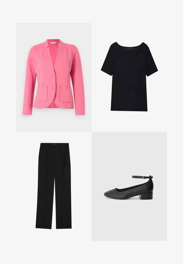 Rózsaszín blézer texturált anyagból, lekerekített gallérral, két elülső zsebbel és két gombbal. Körvonalazott fazon, hosszú ujjak.; Fekete, rövid ujjas póló, széles dekoltázzsal. Puha, könnyű anyagból készült. Egyszerű, mintás vagy díszítés nélküli dizájn.; Fekete nadrág egyenes szárú kialakítással, két első zsebbel és derékrésszel. Simának és könnyű anyagból készült.; Fekete bőr magassarkú cipő hegyes orral és alacsony tömb sarkal. Bokapánttal rendelkezik, aranyszínű csattal. Simább textúra.