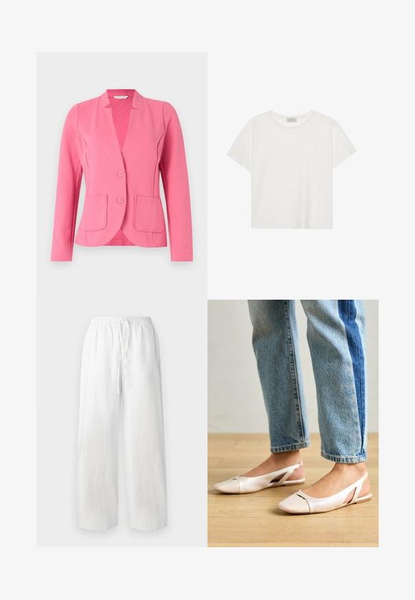 Blazer rose en tissu texturé avec un col cranté, deux poches devant et deux boutons. Design ajusté avec des manches longues.; T-shirt blanc à manches courtes en coton doux. Présente un col rond et une coupe décontractée. Design épuré sans motifs ni accents visibles.; Pantalons larges blancs avec une taille élastique et un cordon de serrage. Fabriqués en tissu léger avec une texture lisse. Sans motifs ni accents.; Ballerines slingback rose pâle avec un bout pointu, fabriquées en un matériau semblable au cuir lisse. Présentent des découpes sur les côtés et un talon plat.