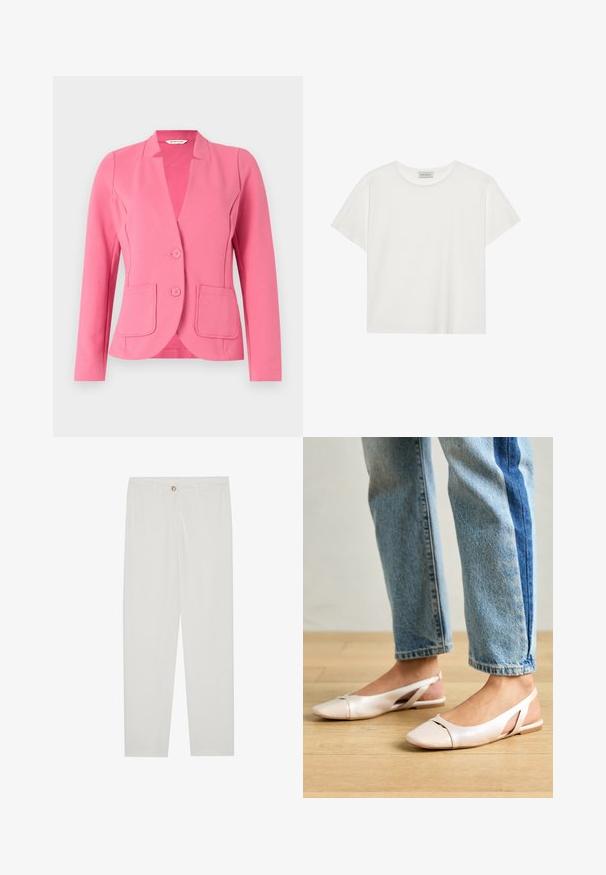 Pink blazer made of textured fabric with a notched collar, two front pockets, and two buttons. Tailored design with long sleeves.; White short-sleeve T-shirt made of soft cotton. Features a round neckline and relaxed fit. Clean design with no visible patterns or accents.; White, tailored trousers with a straight leg design, featuring a button closure, belt loops, and side pockets; smooth fabric texture.; Pale pink slingback flats with a pointed toe, made from a smooth leather-like material. Features cut-out details at the sides and a flat heel.