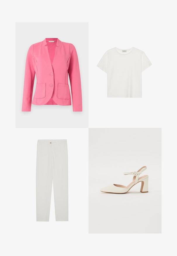 Rosa blazer laget av teksturert stoff med slått krage, to frontlommer og to knapper. Skreddersydd design med lange ermer.; Hvit T-skjorte med kort erm laget av myk bomull. Har rund hals og avslappet passform. Rent design uten synlige mønstre eller aksenter.; Hvite, skreddersydde bukser med rette ben, med knapplukking, beltehemper og sidelommer; glatt tekstur.; Spiss tå, kremfarget pumpe med blokkhel. Har en tynn ankelrem med en rund spenne og en glatt skinntekstur.