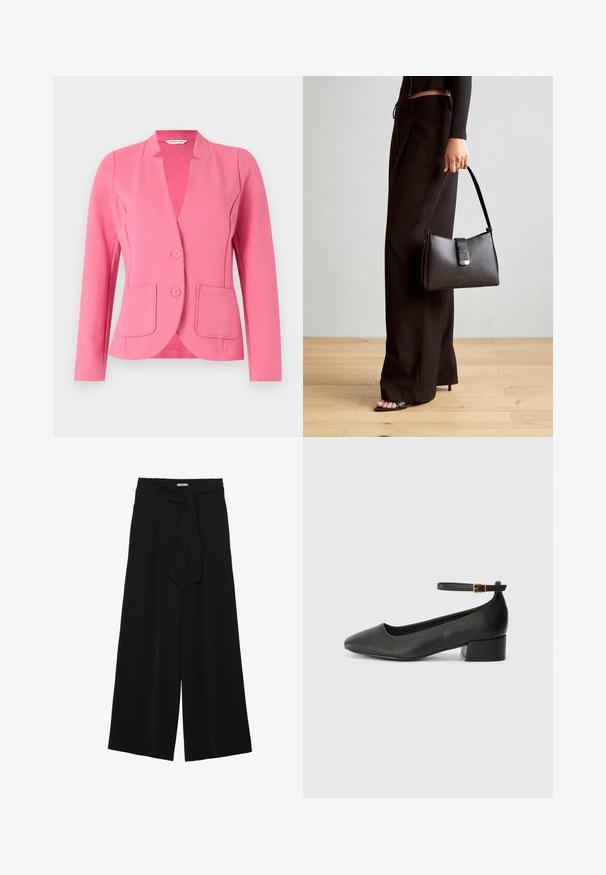 Vaaleanpunainen bleiseri kankaan tekstuurilla, jossa on lovellinen kaulus, kaksi etutaskua ja kaksi nappia. Mitoitettu muotoilu, jossa on pitkät hihat.; Pitkähihaiset t-paidat valkoisena, burgundinpunaisena ja mustana. Valmistettu pehmeästä kankaasta, jossa on pyöreä kaula-aukko ja vartalonmyötäinen muotoilu. Sopii hyvin kerroksittain käytettäväksi.; Mustat leveät housut, joissa on teksturoitu kangas, joustava vyötärö ja irrotettava nauha vyötäröllä säädettävää istuvuutta varten.; Mustat nahkakengät, joissa on terävä kärki ja matala lohkare korko. Varustettu nilkkahihnalla, jossa on kultasävyinen solki. Lisää sileä pinta.; Musta käsilaukku, jossa on rakenteellinen muoto, sileä pinta ja metallinen solki. Yhdistetty leveisiin mustiin housuihin ja avonaiheisiin sandaaleihin puulattialla.