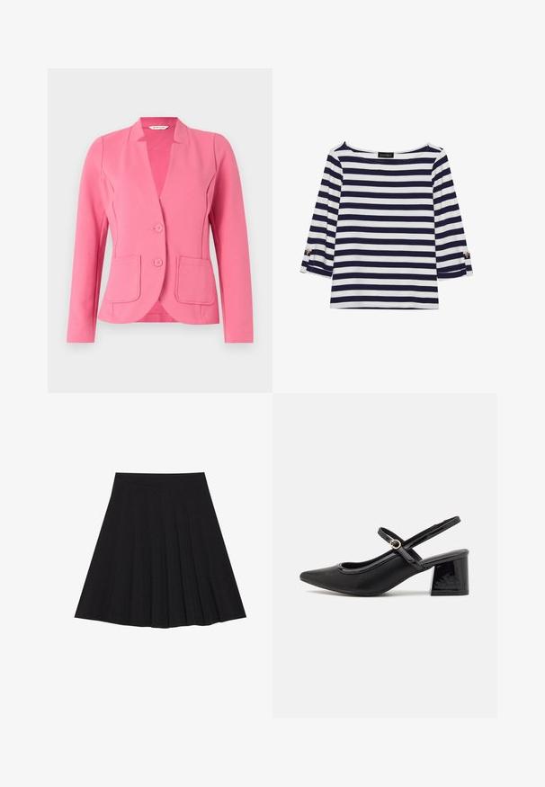 Blazer rose en tissu texturé avec un col cranté, deux poches devant et deux boutons. Design ajusté avec des manches longues.; Haut rayé bleu marine et blanc à manches longues avec un col bateau et des accents de boutons dorés sur les manches retroussées. Tissu doux, coupe décontractée.; Jupe plissée noire en tissu texturé avec une taille ajustée. Arrive au genou, présentant une silhouette lisse et épurée.; Escarpins slingback en cuir verni noir avec un embout pointu, un design à découpes arrondies et un talon carré. Présente un accent de boucle en ton doré.