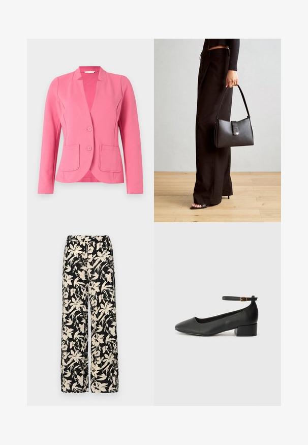 Blazer rosa realizzato in tessuto texturizzato con colletto a rever, due tasche frontali e due bottoni. Design sartoriale con maniche lunghe.; Top corto nero a maniche corte realizzato in materiale liscio, con design peplum e vita cintata adornata da due bottoni tondi in tono argento.; Pantaloni larghi neri con un motivo floreale crema. Realizzati in tessuto leggero, con una texture liscia e una vita alta.; Pump in pelle nera con punta affusolata e tacco basso a blocco. Presenta una cinghia alla caviglia con una fibbia in tonalità oro. Texture liscia.; Borsa nera con forma strutturata, texture liscia e una chiusura metallica. Abbinata a pantaloni neri larghi e sandali open-toe su un pavimento in legno.