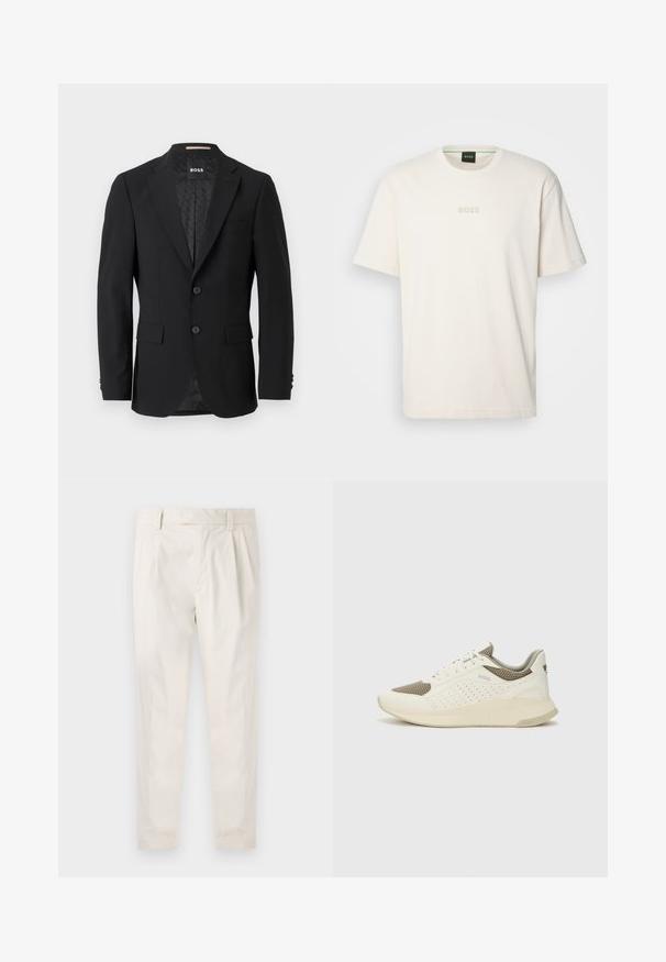 Must värviline bleiser ühe nööbiga disainiga, klappidega krae, kaks eesmist taskut ja kaks nööpi. Sile kangas koos mustrilise voodriga.; BOSS TEE - Lihtne T-särk - open white; Valged volditud püksid, mis on kohandatud sobivusega, sujuva tekstuuriga, vööloopidega ja kitsenevate jalgadega. Pole nähtavaid taskuid ega mustreid.; Valge ja heledat beeži värvi spordijalats, millel on õhuke võrkmaterjal, perforatsioonidega detailid ning tekstuuriga vahetald, millel on brändi logo kannaosas.
