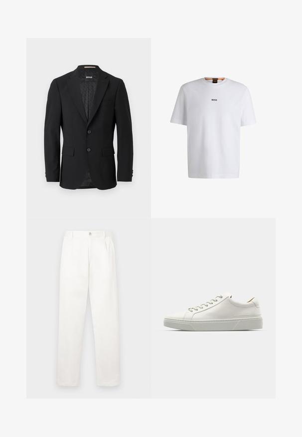 Blazer preto com um design de um só botão, lapelas recortadas, duas bolsos frontais e dois botões. Tecido suave com um forro interior estampado.; T-shirt de algodão branca com mangas curtas, apresentando um logo preto "BOSS" centrado no peito e um design de gola redonda.; Calças brancas feitas de um tecido suave, com um design de perna reta, pregas frontais e um fecho de botão único na cintura.; Sapatilhas de couro branco com bico arredondado, design minimalista, atacadores cinzentos e sola de borracha cinza texturizada. Detalhes de costura subtis visíveis.