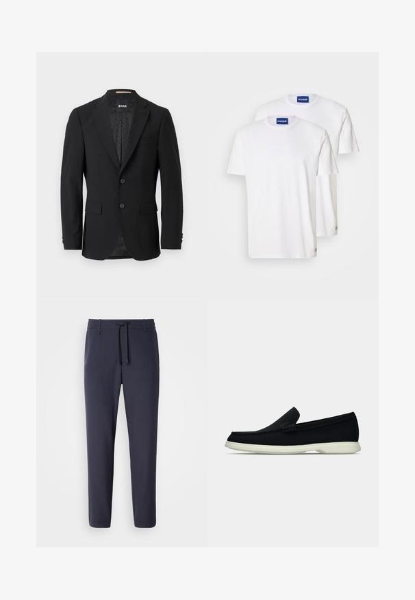 Must värviline bleiser ühe nööbiga disainiga, klappidega krae, kaks eesmist taskut ja kaks nööpi. Sile kangas koos mustrilise voodriga.; Valged puuvillased T-särgid, millel on ümar kaelus ja lühikesed varrukad, kaelustel on sinised "HUGO" sildid ja väiksed detailid ääres.; Tumesin jalgpüksid elastse vöökoha ja paelaga. Valmistatud siledast materjalist, millel on kitsenevad jalad ja nähtamatud taskud.; Must must väike jalats ümmarguse varbaga, millel on tekstureeritud ülemine osa, sujuv valge tald ja diskreetne brändi detail küljel.