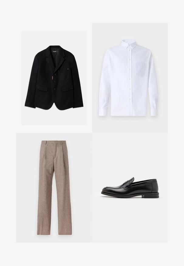 Black blazer made from textured fabric, featuring a single chest pocket, two front pockets, and four buttons. Notable red logo detail.; White long-sleeve button-up shirt made of cotton, featuring a chest pocket with tonal embroidery, a collar, and button cuffs.; Brown, high-waisted trousers made of textured fabric. Features wide legs and two front pleats for structure. Neat finish with no visible hardware.; Black leather loafers with a smooth texture, rounded toe, and a decorative strap across the vamp. Low stacked heel, minimalist design.