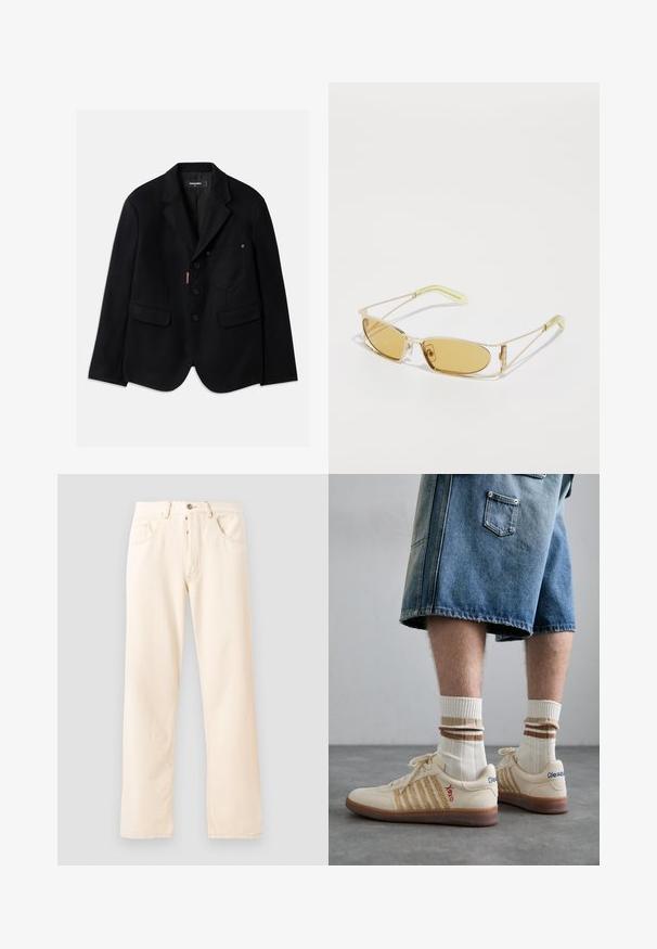 Black blazer made from textured fabric, featuring a single chest pocket, two front pockets, and four buttons. Notable red logo detail.; Gray cotton t-shirt featuring a small orange fox head embroidery above the left chest. Crew neck, short sleeves, and a classic fit.; Light beige denim jeans with a straight-leg design, five pockets, and a front button closure. Stitching visible along seams.; Beige retro sneakers with brown rubber sole, featuring striped accents and embroidered logos. Worn with white socks, striped brown detail.; Yellow-tinted sunglasses with a translucent gold frame, slim rectangular shape, and angular arms with light green accents.