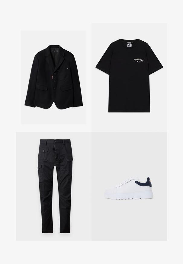 Black blazer made from textured fabric, featuring a single chest pocket, two front pockets, and four buttons. Notable red logo detail.; Black cotton T-shirt with short sleeves, featuring white "DSQUARED2 MILANO" logo on the chest. Crew neck design, smooth texture.; Black cargo pants made of durable fabric, featuring multiple pockets, a button fly, and a straight leg design. Smooth texture and matte finish.; White sneakers with navy accents, featuring a smooth texture, round toe, and raised outsole, detailed with a logo on the side.