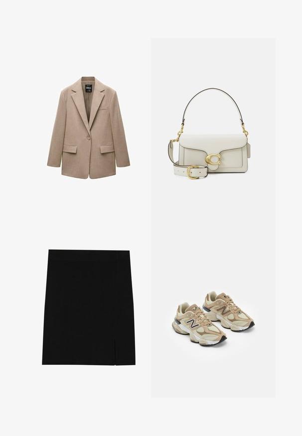 Beige blazer made from textured fabric. Features a notched lapel, single button closure, two front pockets, and a chest pocket.; Gray sweatshirt with a half-zip collar, ribbed cuffs, and a small embroidered logo on the chest. Soft cotton-blend fabric.; Black mini skirt made of soft fabric with a fitted design, featuring a slight slit on the side for added detail.; Beige sneakers with mesh and suede materials. Features a black logo and textured accents. Thick white midsole and black rubber outsole.; White leather handbag with a gold-tone clasp, black accents, a detachable shoulder strap, and a structured design with a flap closure.