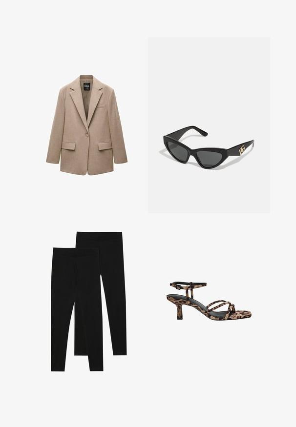 Beige blazer gemaakt van textuurstof. Heeft een notch-lapel, een enkele knoopsluiting, twee voorzakken en een borstzak.; Twee lange mouwen turtleneck tops, één wit en één zwart, gemaakt van een gladde, rekbare stof, beide met een slank passend ontwerp en hoge kraag.; Zwarte leggings van rekbaar materiaal, met een naadloze tailleband en een slank ontwerp, geschikt voor casual wear of lichaamsbeweging.; Luipaardprint hakken met een vierkante neus, meerdere bandjes en een middelhoge hak. Gemaakt van zacht textielmateriaal.; Cat-eye zonnebrillen met een matte zwart plastic frame, donkere lenzen en een gouden logo-accent op de poot. Hoekig ontwerp en een soepele textuur.; Bruin leren schoudertas met logo-patroon, gouden kettingband, ritsluiting en gouden hardwareaccenten. Compacte en rechthoekige vorm.