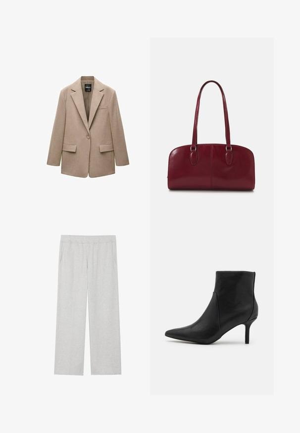 Sacou bej realizat dintr-un material texturat. Prezintă un rever tip notch, închidere cu un singur buton, două buzunare frontale și un buzunar pentru piept.; Tricou alb cu mânecă scurtă, fabricat din bumbac, cu guler rotund și un croi lejer. Textură netedă, fără modele sau broderii vizibile.; Pantaloni de trening largi, gri deschis, confecționați dintr-un material moale. Prezintă un cordon elastic la talie și buzunare laterale. Textură fină și design curat.; Anna Field Botine - black; Zign LEATHER - Geantă de mână - dark red