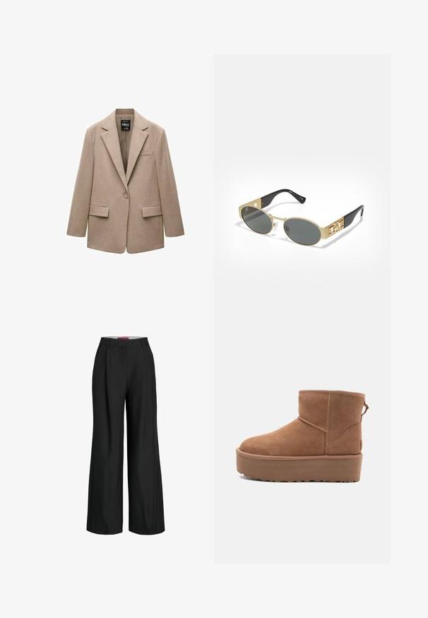 Beige blazer lavet af tekstureret stof. Har en spids lapel, enkeltknapslukning, to frontlommer og en brystlomme.; Brun ærmeløs bodysuit med firkantet hals, lavet af blødt stof. Har en snap-lukning i bunden og en tætsiddende silhuet.; Sorte vidde bukser med et skræddersyet design, der har plisseringer og en glat stofstruktur. Rene linjer uden synlig hardware eller accenter.; Tan ruskinds ankelstøvle med platformssål, rund tå og syninger; har en løkke bagpå for nem påtagning.; Ovale solbriller med en guldfarvet metalramme og grå linser. Har sorte acetatstænger med gyldne accenter og logo-detaljer på siderne.