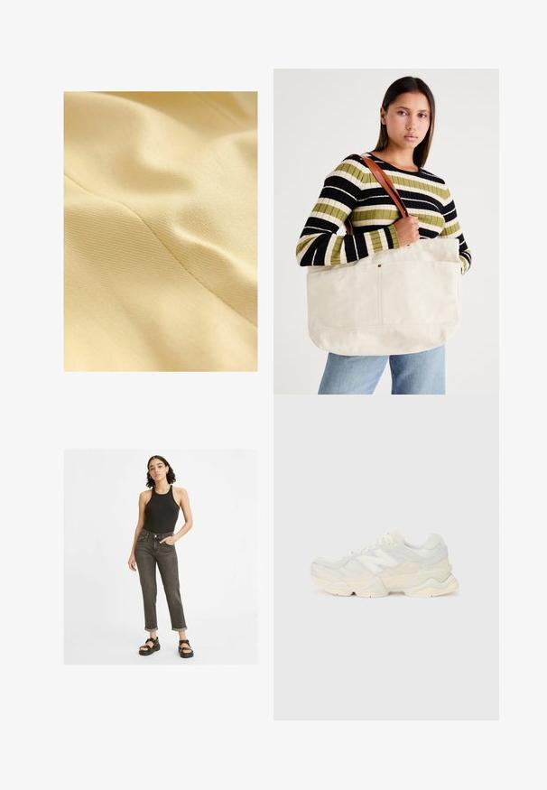 Tissu en coton de couleur jaune pâle, présentant une surface texturée avec un éclat subtil et des lignes de couture visibles. Texture lisse et douce.; Haut sans manches blanc avec un col rond. Fabriqué en tissu lisse, il présente une coupe décontractée et un design minimaliste. Pas de motifs ni d'accents.; Un débardeur noir à côtes, un jean gris foncé taille haute avec des ourlets retroussés, et des sandales noires épaisses. Tenue décontractée et ajustée.; Sneaker léger avec une tige en maille et en daim dans des teintes crèmes douces, doté d'une semelle épaisse et d'accents tridimensionnels.; Grand sac fourre-tout en toile beige avec des poignées en cuir marron, présentant un design minimal et des accents de couture visibles.