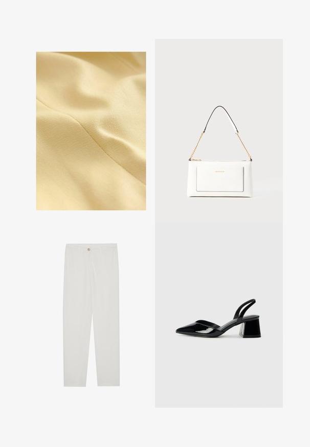 Baumwollstoff in zartem Gelb, mit einer strukturierten Oberfläche, die einen subtilen Glanz und sichtbare Nähte aufweist. Glatte und weiche Haptik.; Cremfarbendes Baumwoll-T-Shirt mit kurzen Ärmeln und rundem Ausschnitt. Mit schwarzem Text "LA VIE EST BELLE", der in der Mitte der Vorderseite platziert ist.; Weisse, maßgeschneiderte Hosen mit geradem Bein, die über einen Knopfverschluss, Gürtelschlaufen und Seitentaschen verfügen; glatte Stoffoberfläche.; Schwarze Lackleder-Slingback-High Heels mit spitzem Schuh und einem geometrischen Blockabsatz. Verfügt über ein schlankes, minimalistisches Design und eine glatte Textur.; Weißes Lederhandtasche mit strukturierter Oberfläche, ausgestattet mit einem goldenen Kettenriemen und schwarzen Akzenten. Enthält eine Fronttasche und einen Reißverschluss.