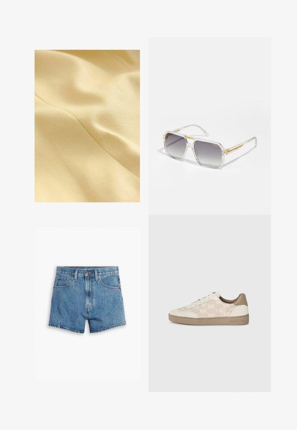 Bavlnená látka v svetložltej farbe, s textúrovaným povrchom a jemným leskom, s viditeľnými švami. Hladký a mäkký pocit.; Zelený rebrovaný top bez rukávov s tenkými ramienkami a rovnými výstrihom, s predným zapínaním na gombíky a priliehajúcim strihom.; Džínové šortky v svetlo modrej farbe, s piatimi vreckami, zipsom a zapínaním na gombík. Spodný lem je rozstrapkaný s voľným strihom.; Tenisky s krémovým plátnom, na ktorom sa opakuje vzor "MK", s béžovými semišovými akcentmi a textúrovanou svetlohnedou gumovou podrážkou.; Carrera VICTORY UNISEX - Slnečné okuliare - transparent