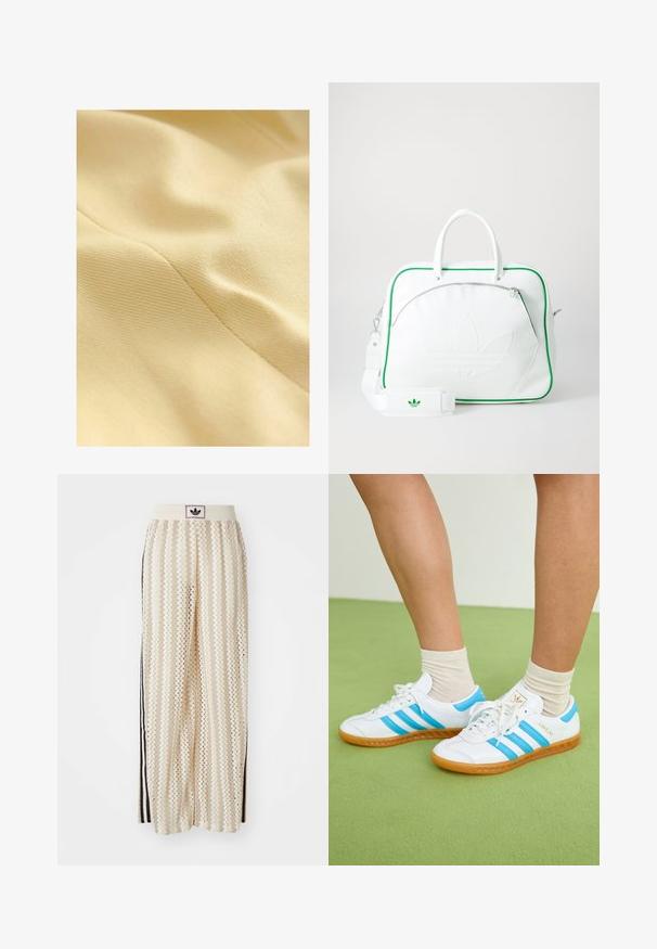 Tasapinnaline puuvillane kangas heledas kollases, millel on tekstuuriga pind, peen sära ja nähtavad õmblusjooned. Sile ja pehme tekstuur.; Valge puuvillasest t-särgist lühikeste varrukatega ja ümarate kaelustega. Rinnal on must Adidas'i logo ning kontrastne must sisekaelus.; Kreemivärvilised lai säärega püksid, millel on siksakmustrit, must logoga vööp ja külgmised mustad triibud. Kerge, tekstureeritud kangas.; Valged tossud helesiniste triipudega, kummist tald ja nööpide disain. Omab kuldset brändimist ja siledat nahataolist tekstuuri.; Valge nahast kott rohelise äärisega, millel on esiletõstetud embosed logo, kahekordsed käepidemed, eemaldatav rihm ja lukuga esi-tasku.