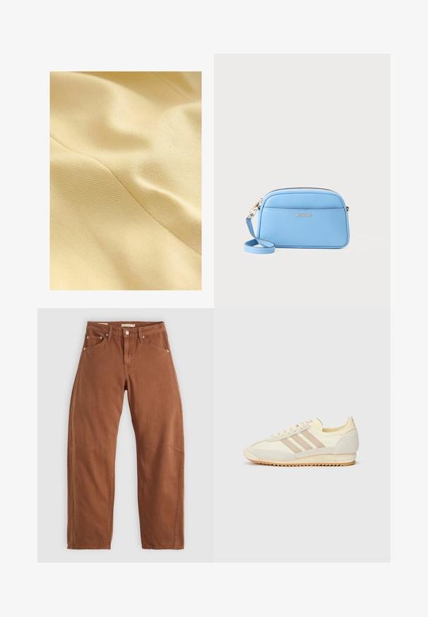 Tejido de algodón en un amarillo pálido, con una superficie texturizada que presenta un brillo sutil y líneas de costura visibles. Textura suave y lisa.; Camiseta blanca recortada con cuello marino, con "MICHAEL KORS" impreso en color marino. Fabricada en suave algodón y con mangas cortas.; Jeans rectos color marrón óxido con bolsillos frontales y traseros, remaches de metal, cierre de botón y trabillas para el cinturón, colocados sobre un fondo blanco.; Zapatilla deportiva crema con tres rayas beige, materiales de ante y textil, una suela texturizada y un logotipo en relieve en el talón.; Bolso cruzado de cuero azul claro con herrajes en tono dorado, cierre de cremallera y un bolsillo frontal. cuenta con una correa ajustable para mayor comodidad.