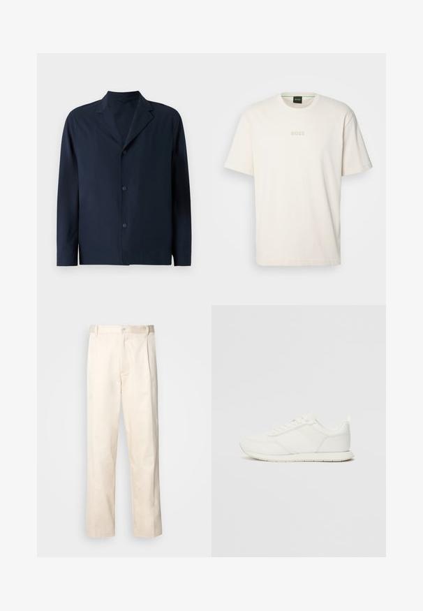 Casaco azul marinho feito de tecido suave, apresentando colarinho notched, mangas longas e cinco botões na parte da frente para fecho.; BOSS TEE - T-shirt básica - open white; Calças de algodão bege com corte reto, apresentando um fecho de botão e pregas na frente para um detalhe adicional.; Sapatilha branca com parte superior em malha e sintético, bico arredondado, atacadores planos e uma faixa lateral texturizada. Sola em borracha com uma alça na parte de trás.