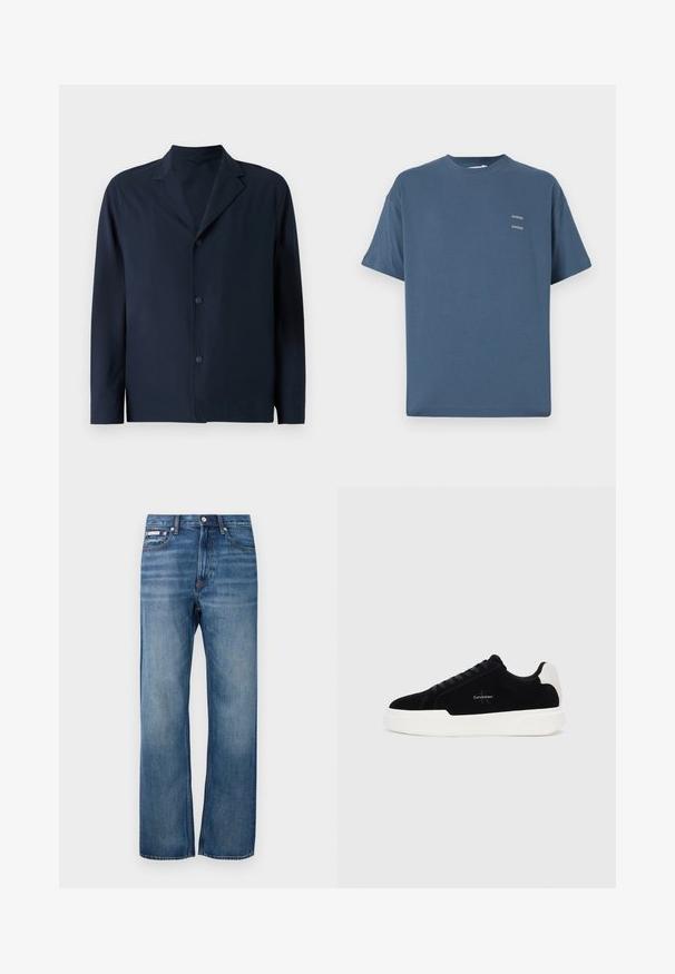 Tums zila jakas izgatavota no gludas auduma ar izgrieztu apkakli, garām piedurknēm un pieciem pogām priekšā slēgšanai.; Zilas kokvilnas T-krekls ar klasisku apaļu kaklu, īsām piedurknēm, brīvu piegriezumu un diviem maziem apdrukātiem logo uz krūtīm. Gluda tekstūra.; Zilās taisnās kājas džinsi ar nelielu nolietojumu, priekšējās pogas aizdare un neliela logo birka labajā priekšējā kabatā.; Melni zema profila sporta apavi ar baltu zoli un papēdi, ar šņorēm priekšpusē un Calvin Klein logo sānos.