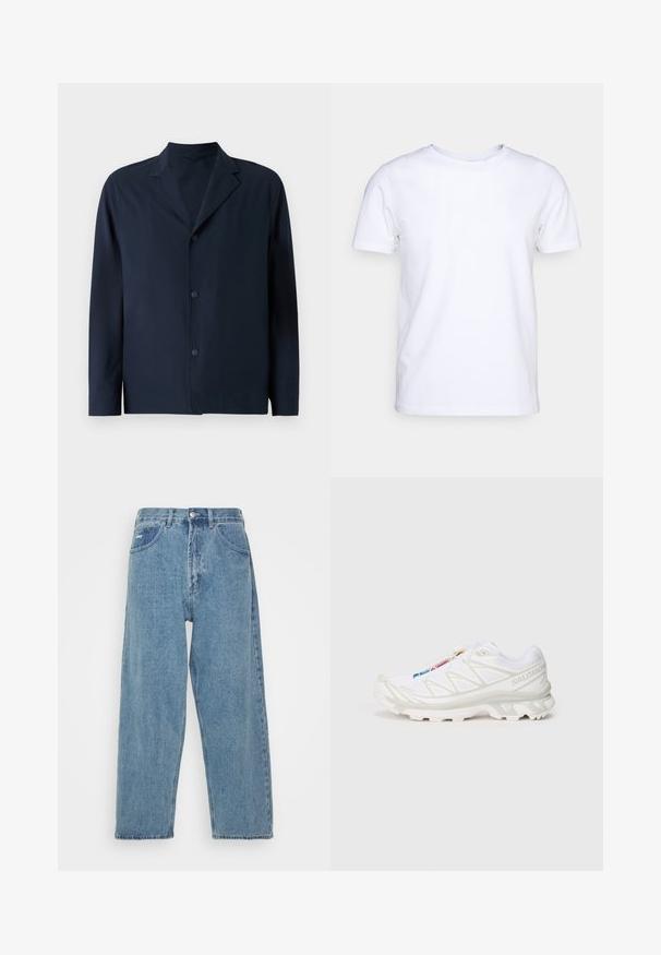 Mörkblå jacka av slätt tyg med slagkrage, långa ärmar och fem knappar framtill för stängning.; Vit kortärmad t-shirt i bomullstyg med rund halsringning. Enkelt design utan mönster eller detaljer. Slät textur.; Ljust blå denimjeans med hög midja och avspänd passform, med två framfickor, en bakficka och knappstängning.; Vit träningssko med texturerad mesh-övre, reflexdetaljer och en dämpad sula. Framträdande varumärkeslogotyp på sidan.